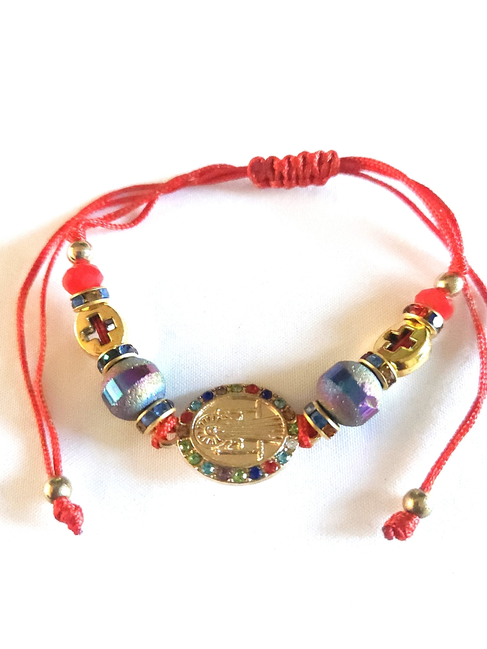 Red Beaded Gold-Tone Saint Benedict Medal Bracelet